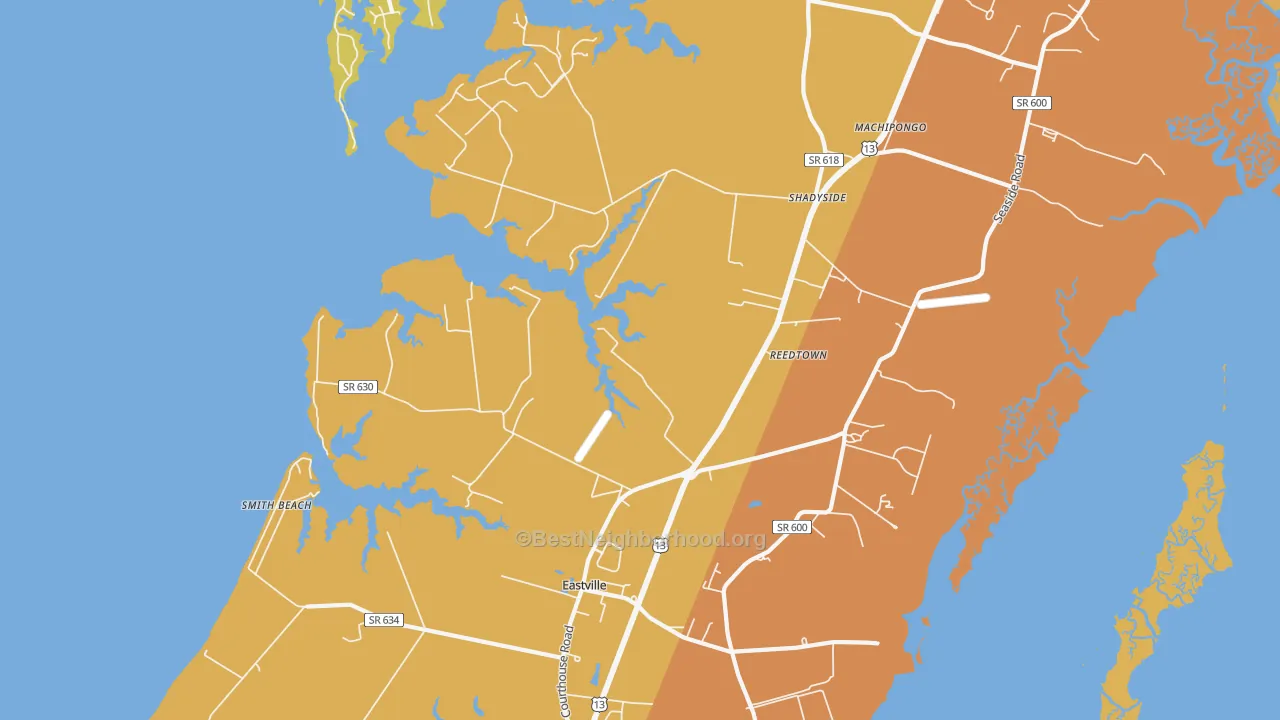 Map of the best neighborhoods in the Martins Siding area, with better matches in green and worse matches in red