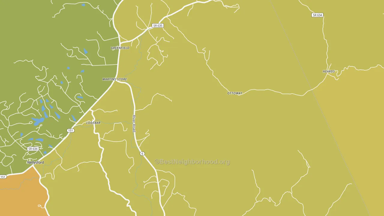 Map of the best neighborhoods in the Martins Store area, with better matches in green and worse matches in red