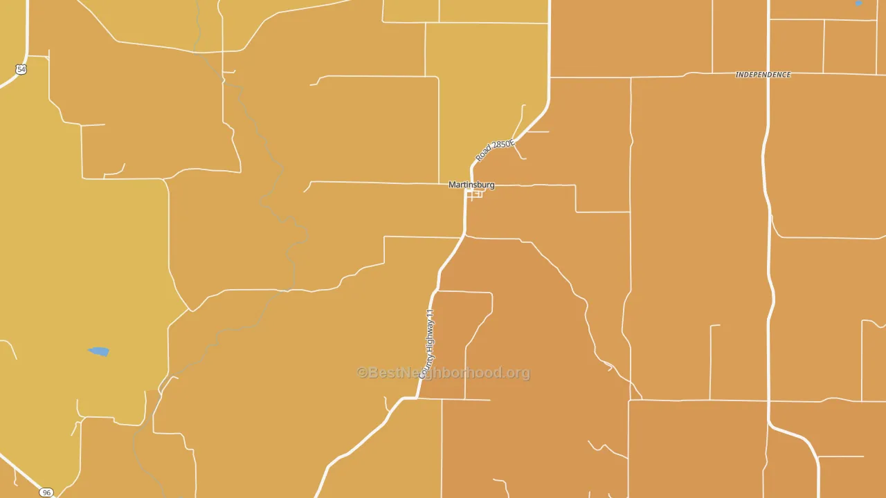 Map of the best neighborhoods in the Martinsburg area, with better matches in green and worse matches in red