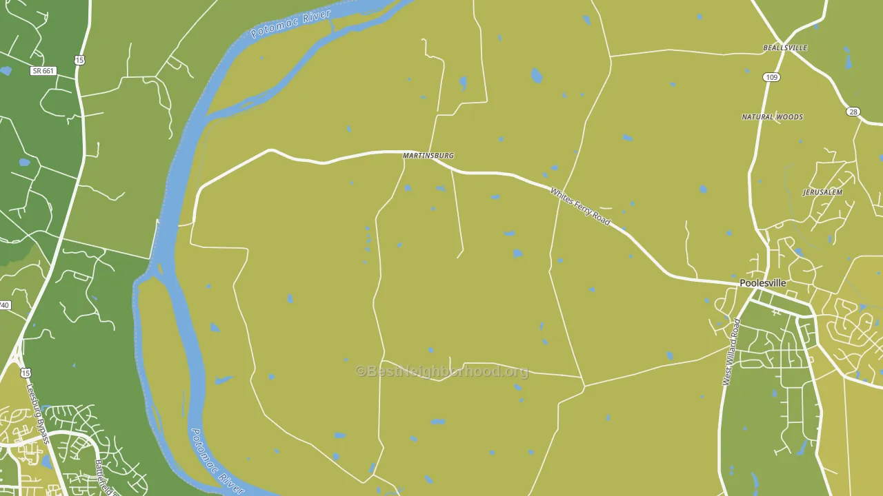 Map of the best neighborhoods in the Martinsburg area, with better matches in green and worse matches in red