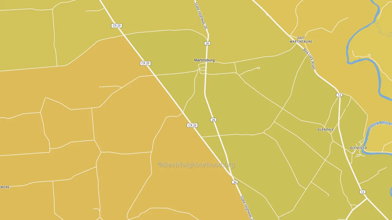 Map of the best neighborhoods in the Martinsburg area, with better matches in green and worse matches in red
