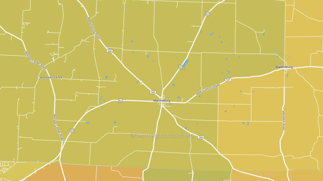 Map of the best neighborhoods in the Martinsburg area, with better matches in green and worse matches in red