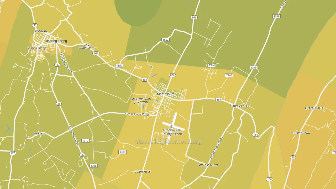 Map of the best neighborhoods in the Martinsburg area, with better matches in green and worse matches in red