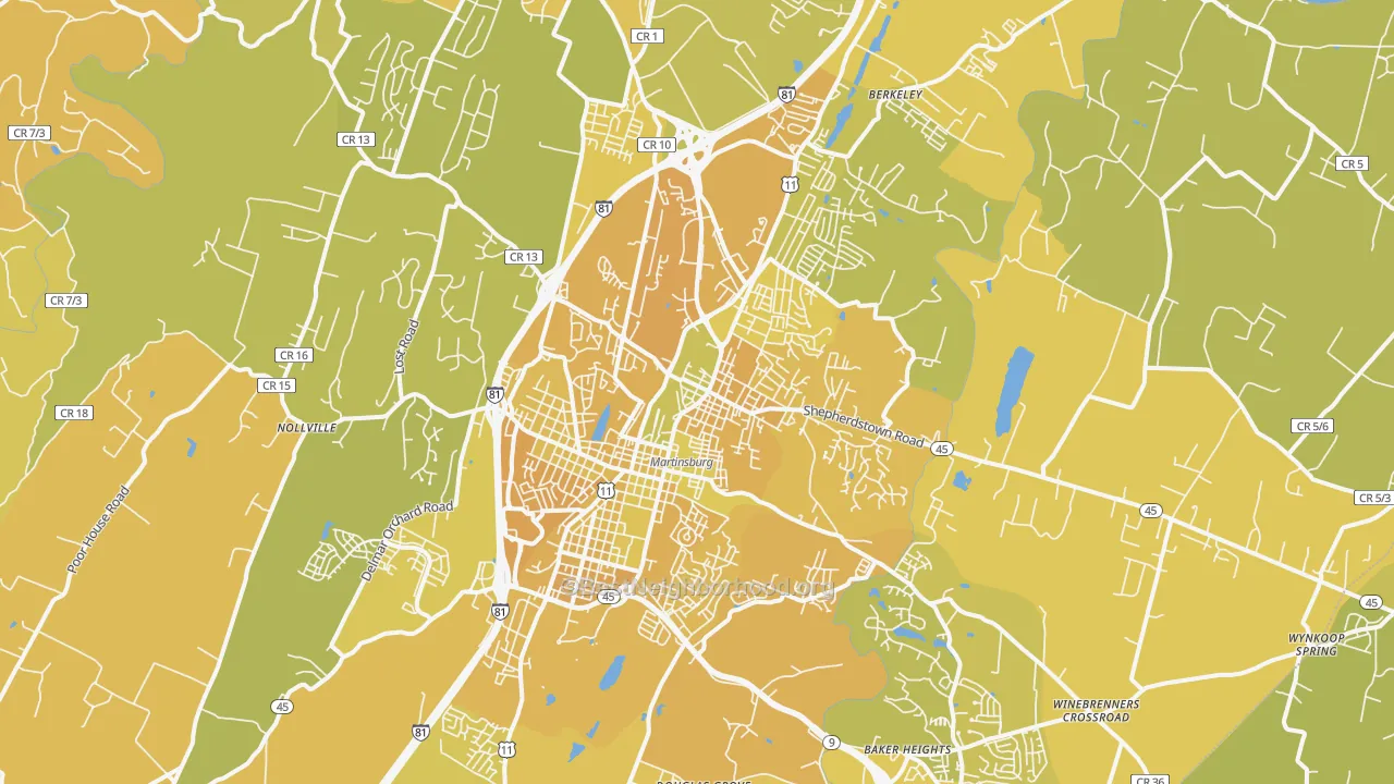 Map of the best neighborhoods in the Martinsburg area, with better matches in green and worse matches in red