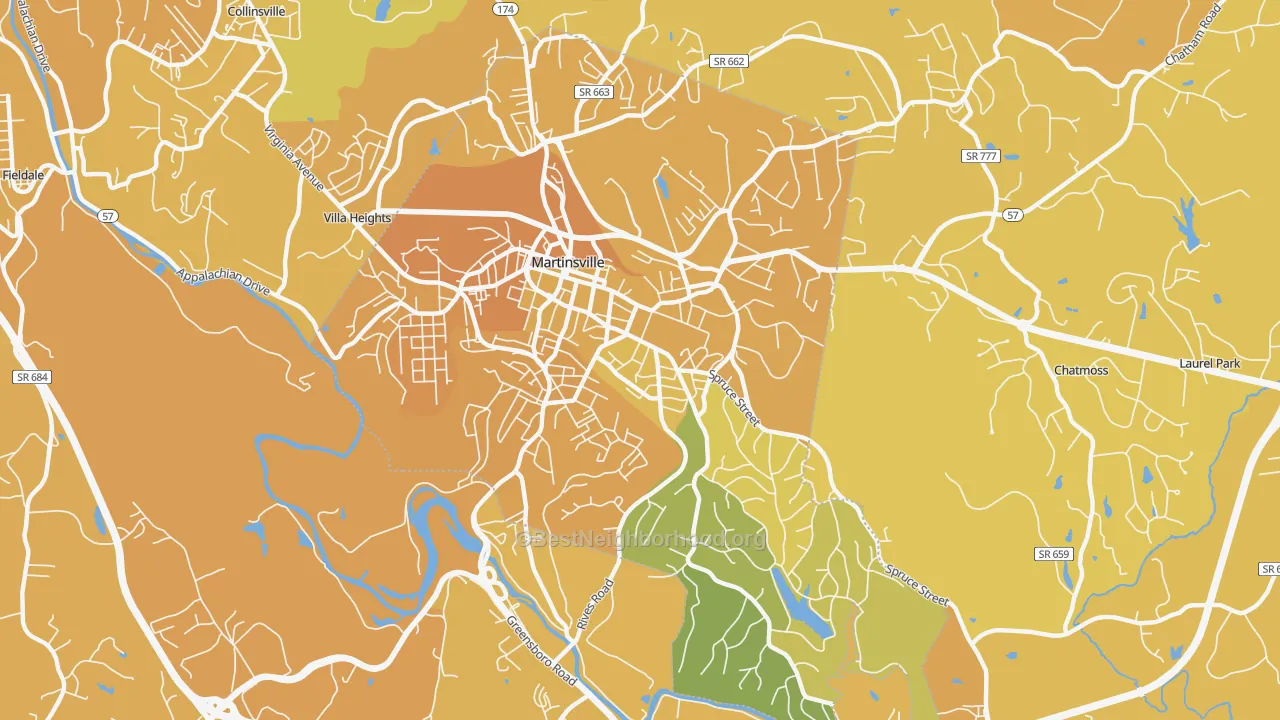 Map of the best neighborhoods in the Martinsville City area, with better matches in green and worse matches in red