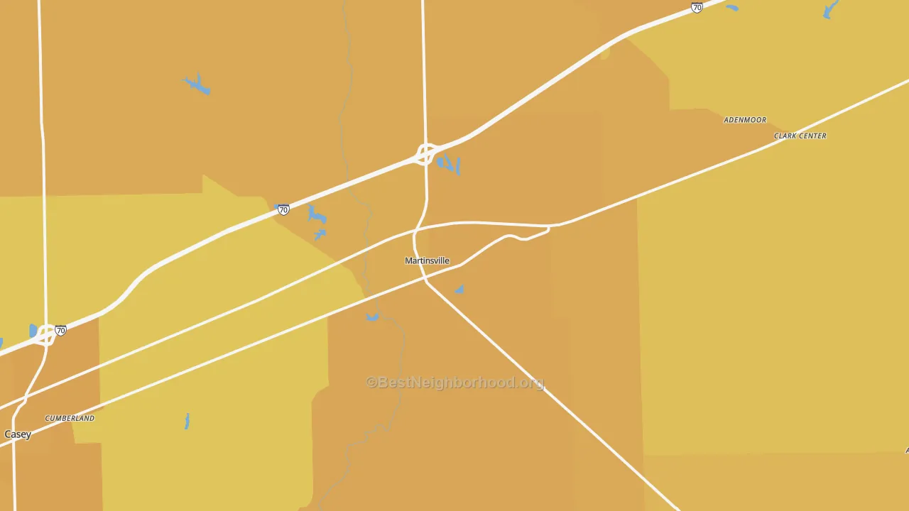 Map of the best neighborhoods in the Martinsville area, with better matches in green and worse matches in red