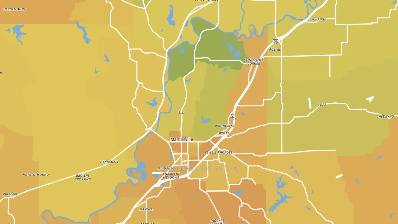 Map of the best neighborhoods in the Martinsville area, with better matches in green and worse matches in red