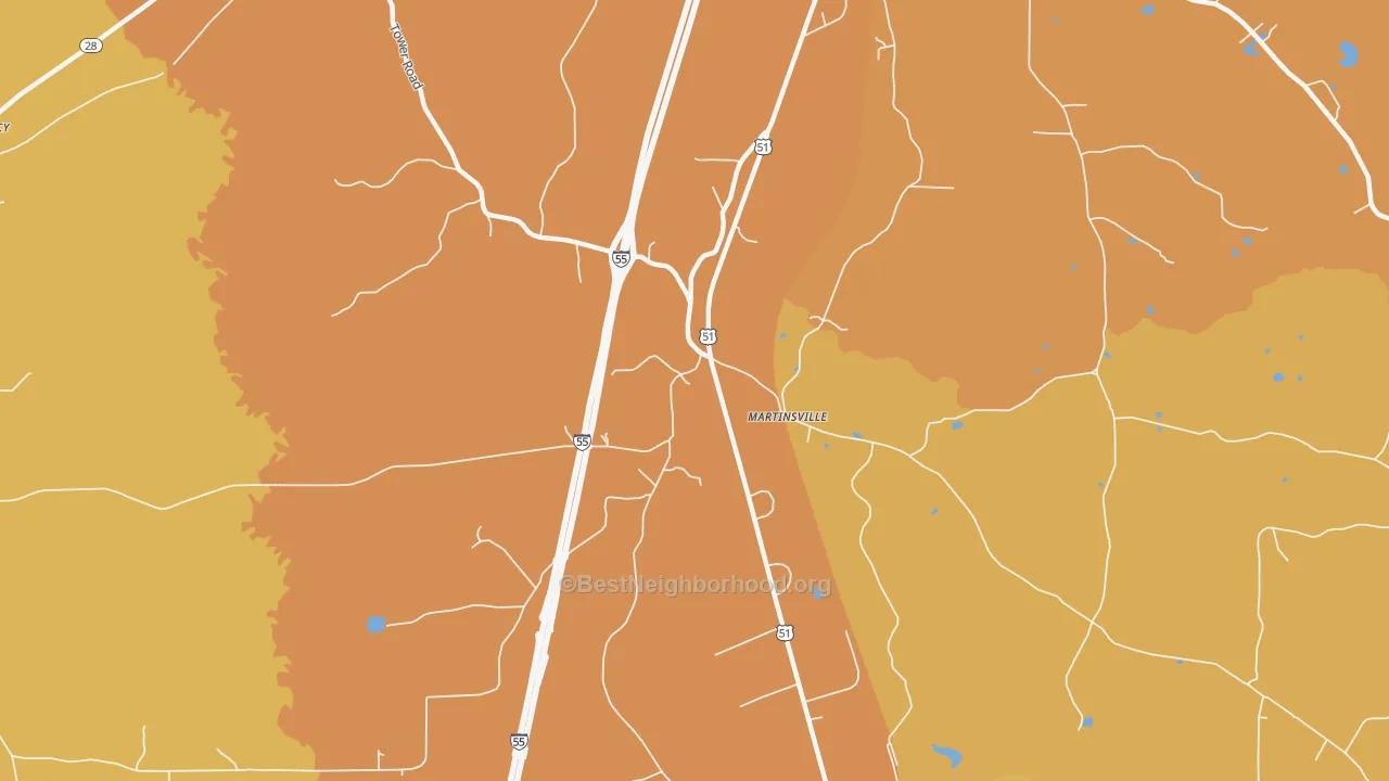 Map of the best neighborhoods in the Martinsville area, with better matches in green and worse matches in red