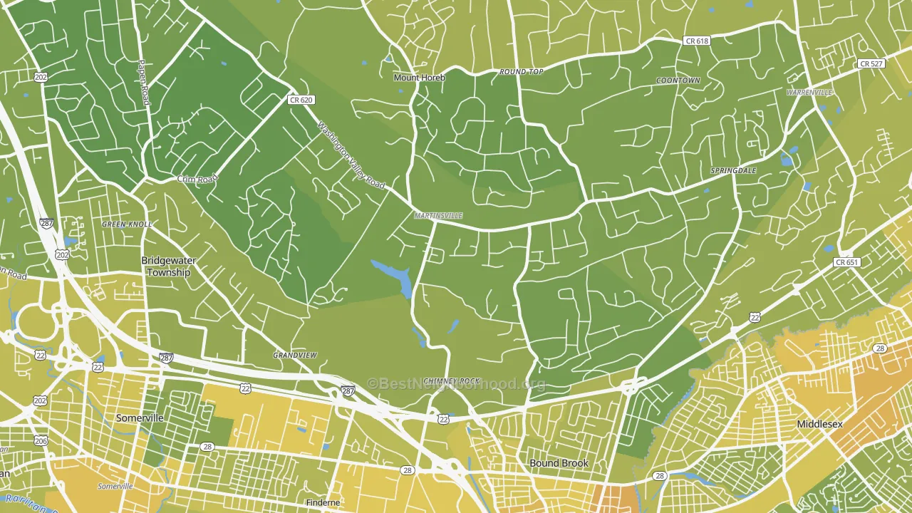 Map of the best neighborhoods in the Martinsville area, with better matches in green and worse matches in red