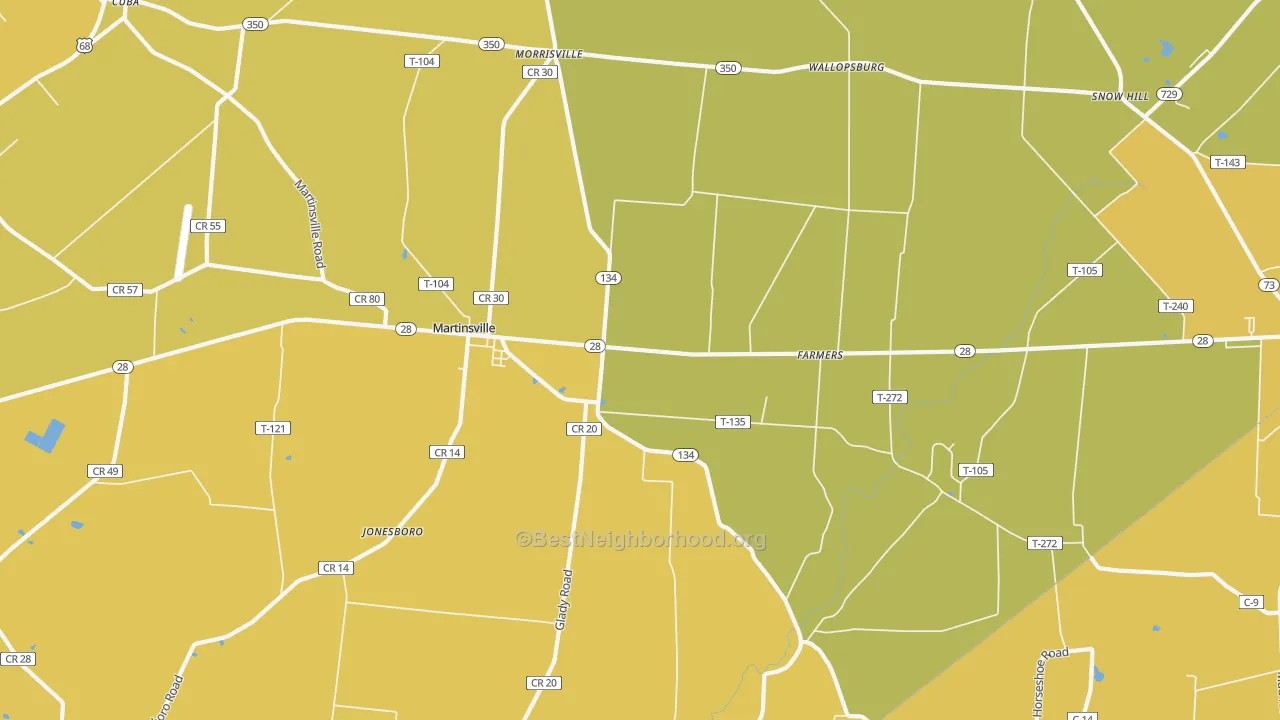 Map of the best neighborhoods in the Martinsville area, with better matches in green and worse matches in red