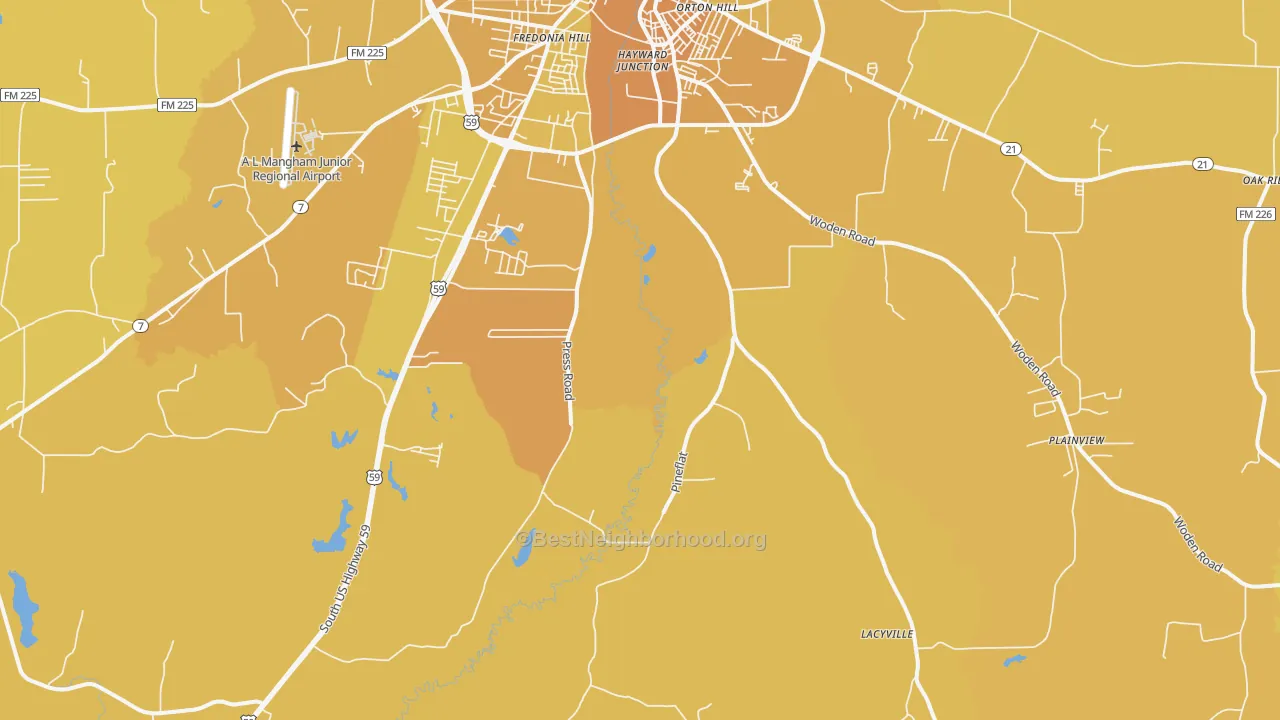 Map of the best neighborhoods in the Martinsville area, with better matches in green and worse matches in red