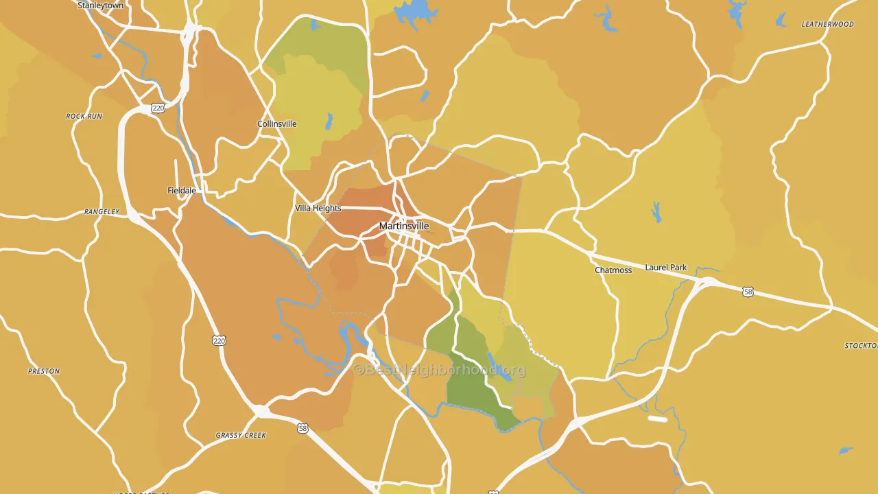 Map of the best neighborhoods in the Martinsville area, with better matches in green and worse matches in red