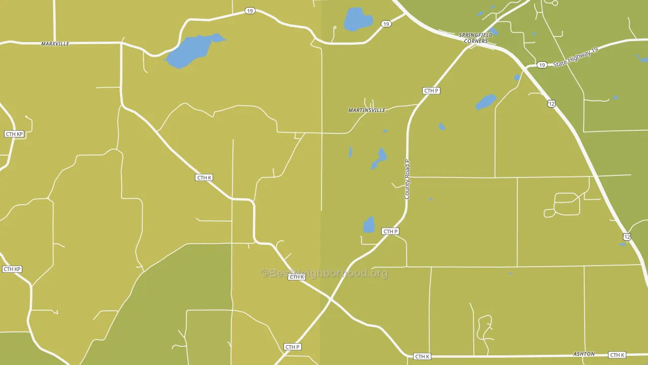 Map of the best neighborhoods in the Martinsville area, with better matches in green and worse matches in red