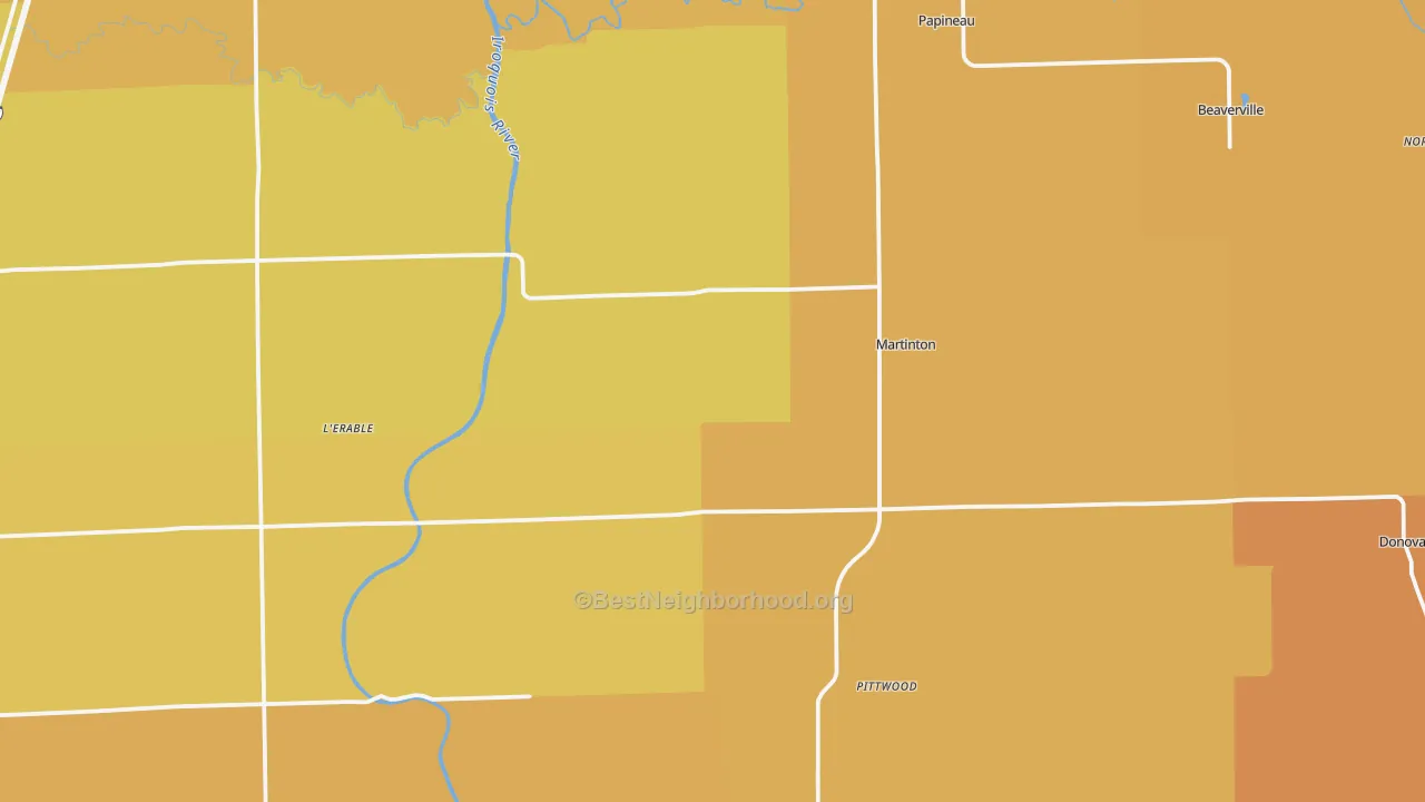 Map of the best neighborhoods in the Martinton area, with better matches in green and worse matches in red