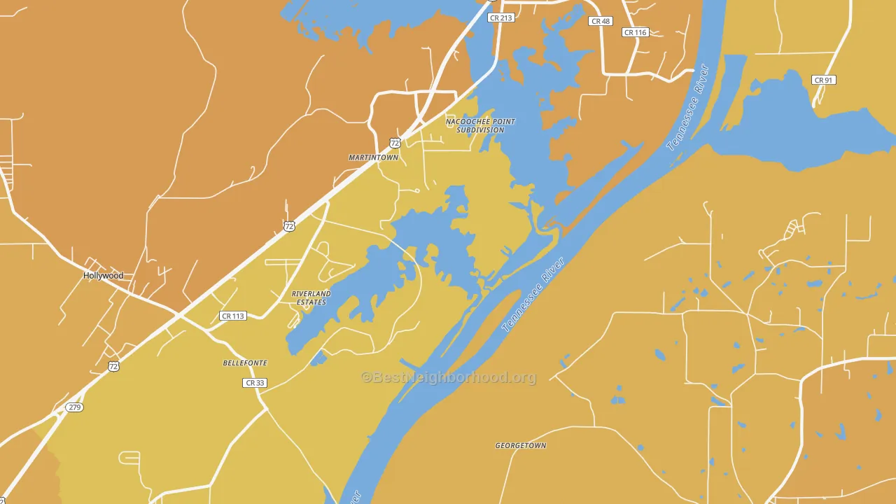 Map of the best neighborhoods in the Martintown area, with better matches in green and worse matches in red