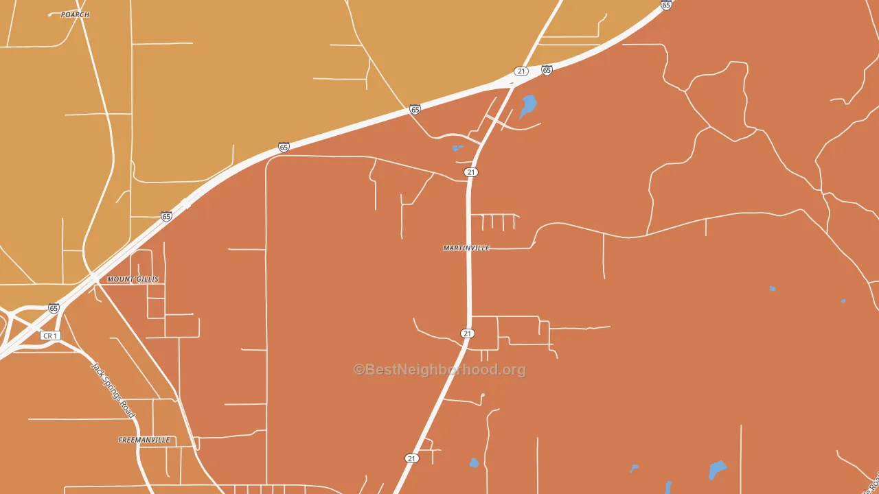Map of the best neighborhoods in the Martinville area, with better matches in green and worse matches in red