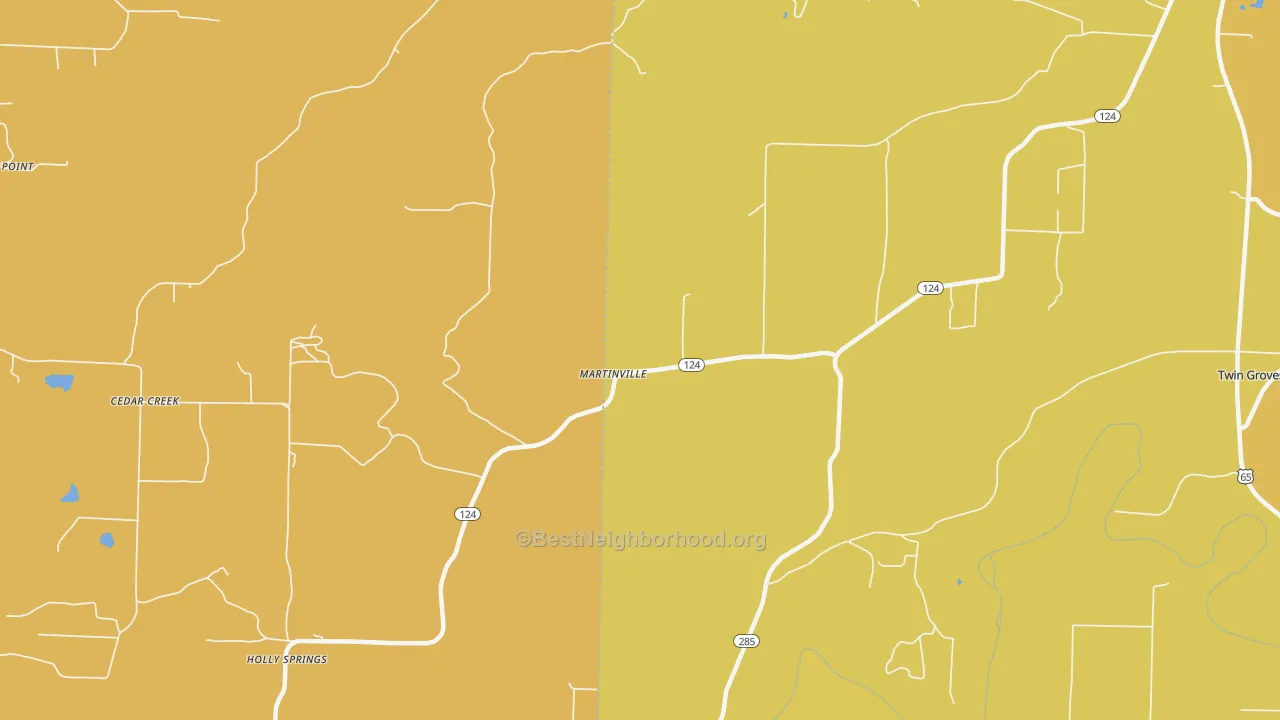 Map of the best neighborhoods in the Martinville area, with better matches in green and worse matches in red