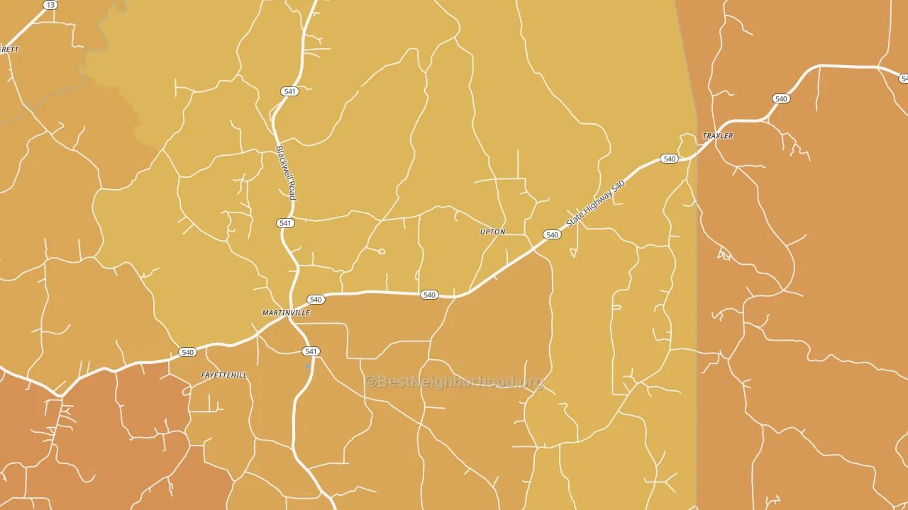 Map of the best neighborhoods in the Martinville area, with better matches in green and worse matches in red
