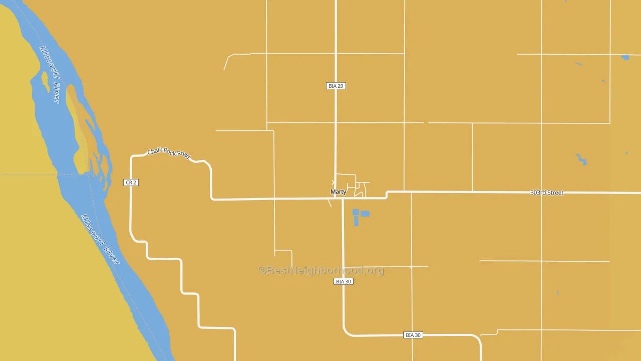 Map of the best neighborhoods in the Marty area, with better matches in green and worse matches in red