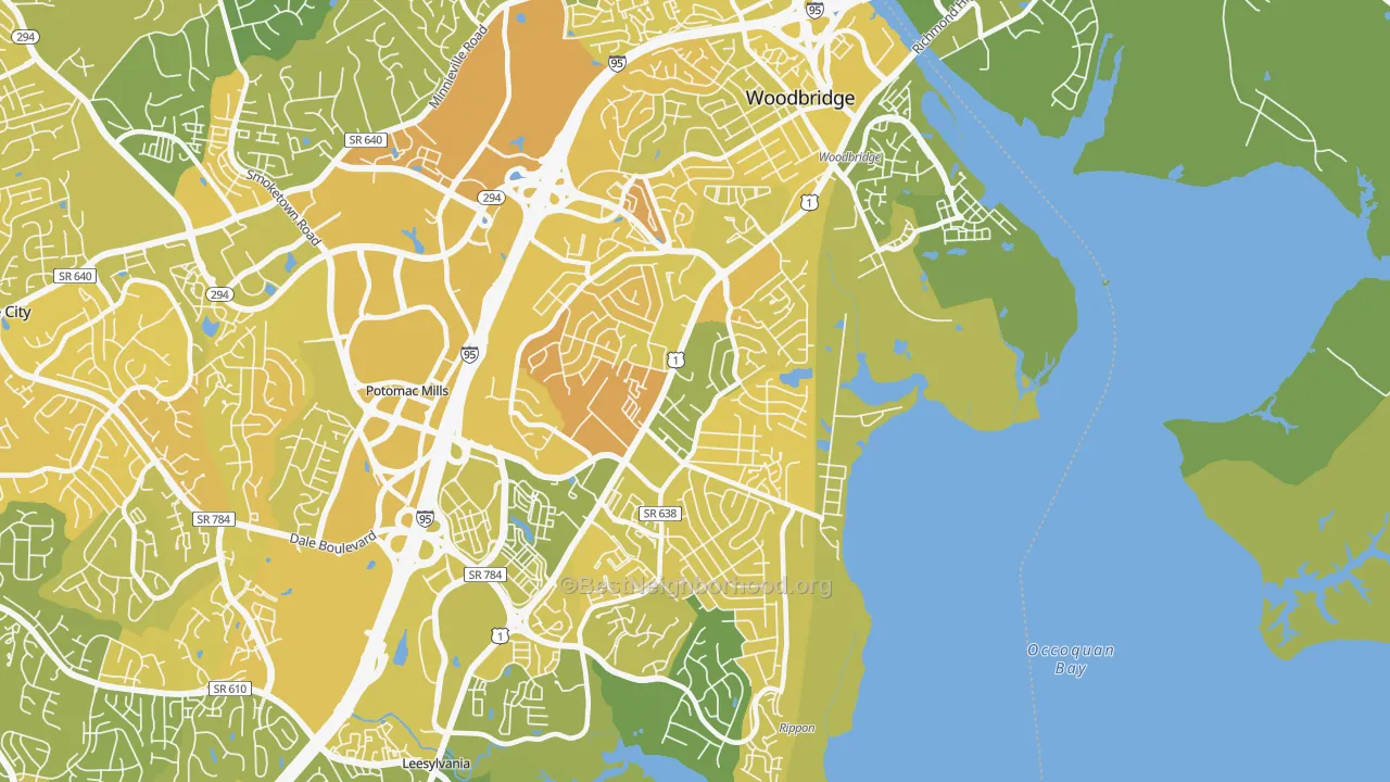Map of the best neighborhoods in the Marumsco area, with better matches in green and worse matches in red
