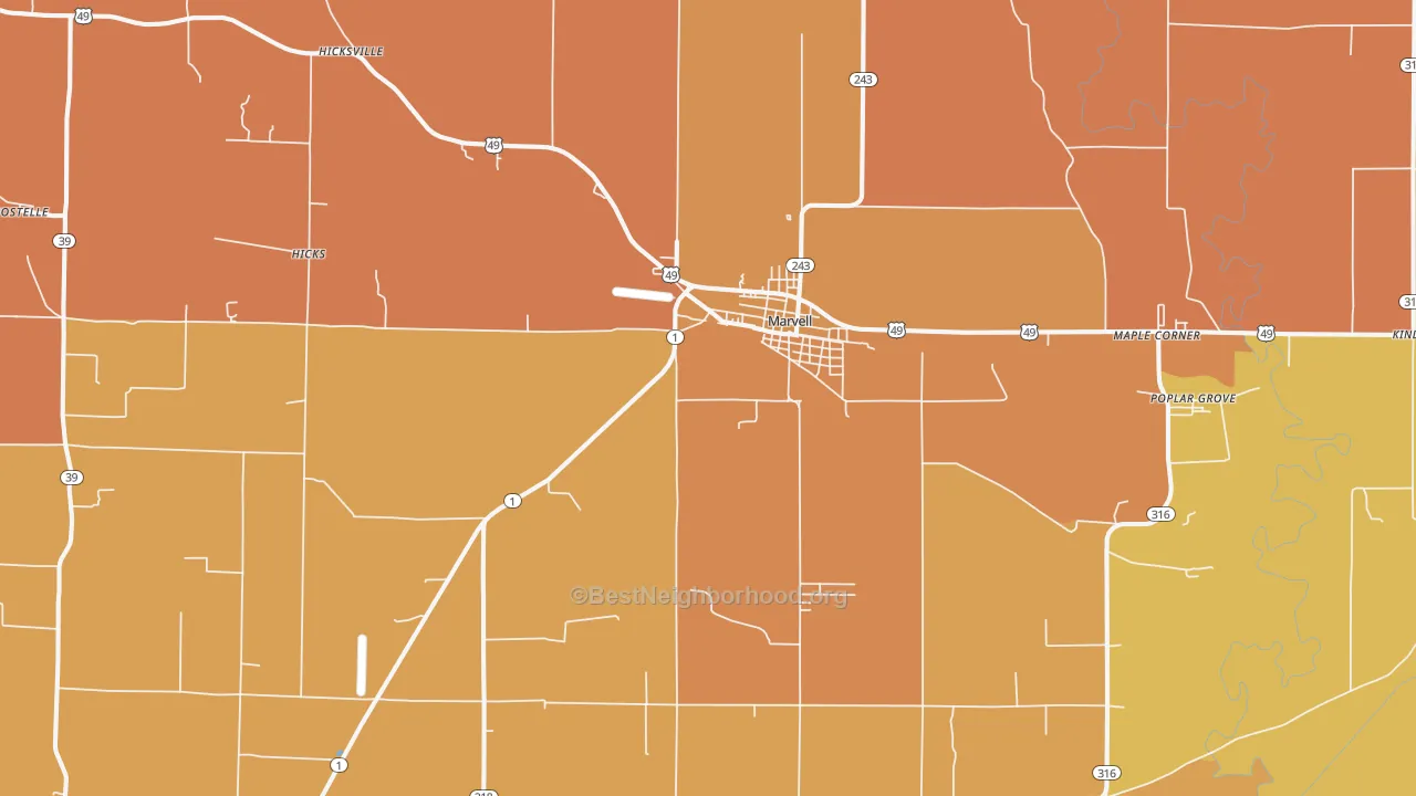 Map of the best neighborhoods in the Marvell area, with better matches in green and worse matches in red