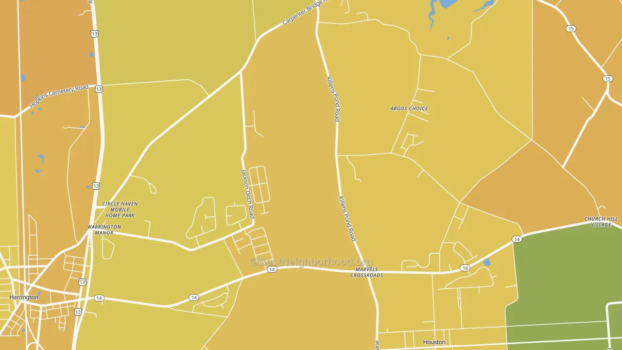 Map of the best neighborhoods in the Marvels Crossroads area, with better matches in green and worse matches in red