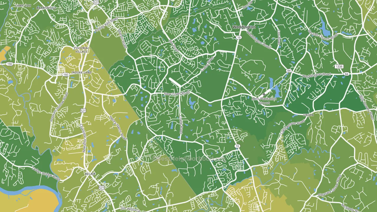 Map of the best neighborhoods in the Marvin area, with better matches in green and worse matches in red