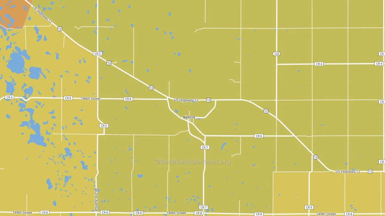 Map of the best neighborhoods in the Marvin area, with better matches in green and worse matches in red