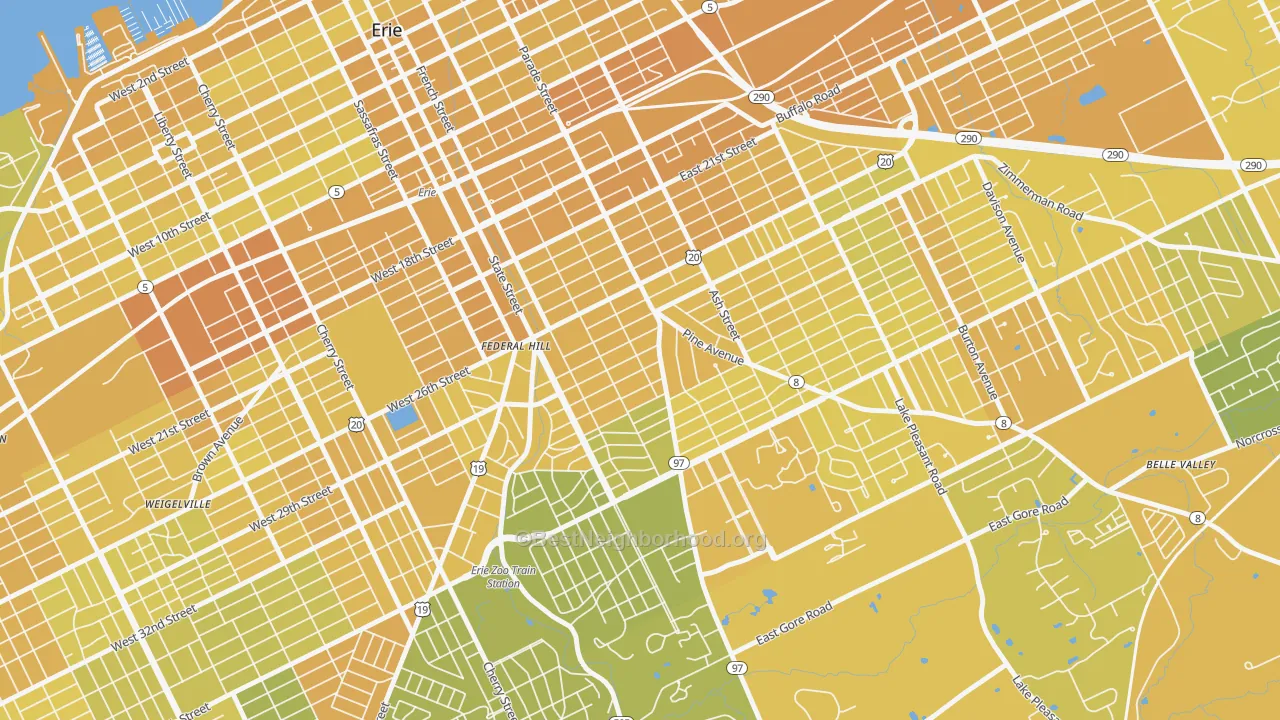 Map of the best neighborhoods in the Marvintown, Erie area, with better matches in green and worse matches in red