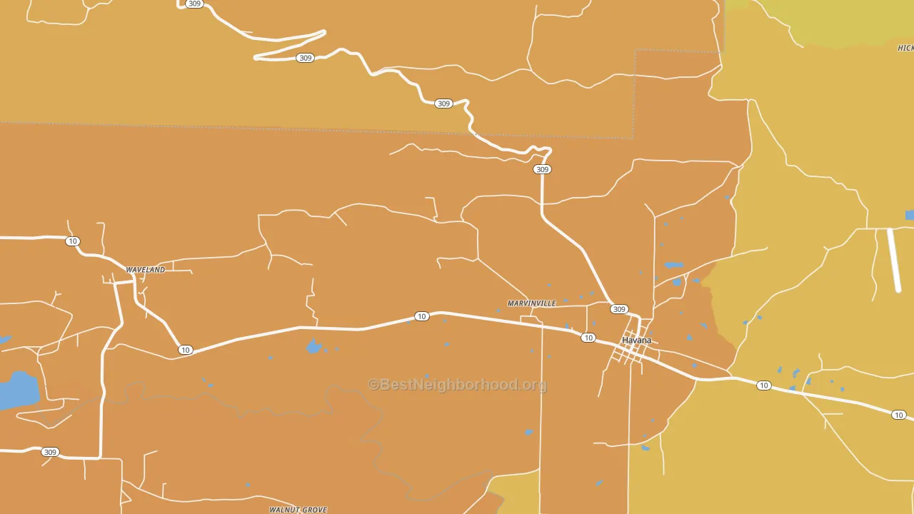 Map of the best neighborhoods in the Marvinville area, with better matches in green and worse matches in red