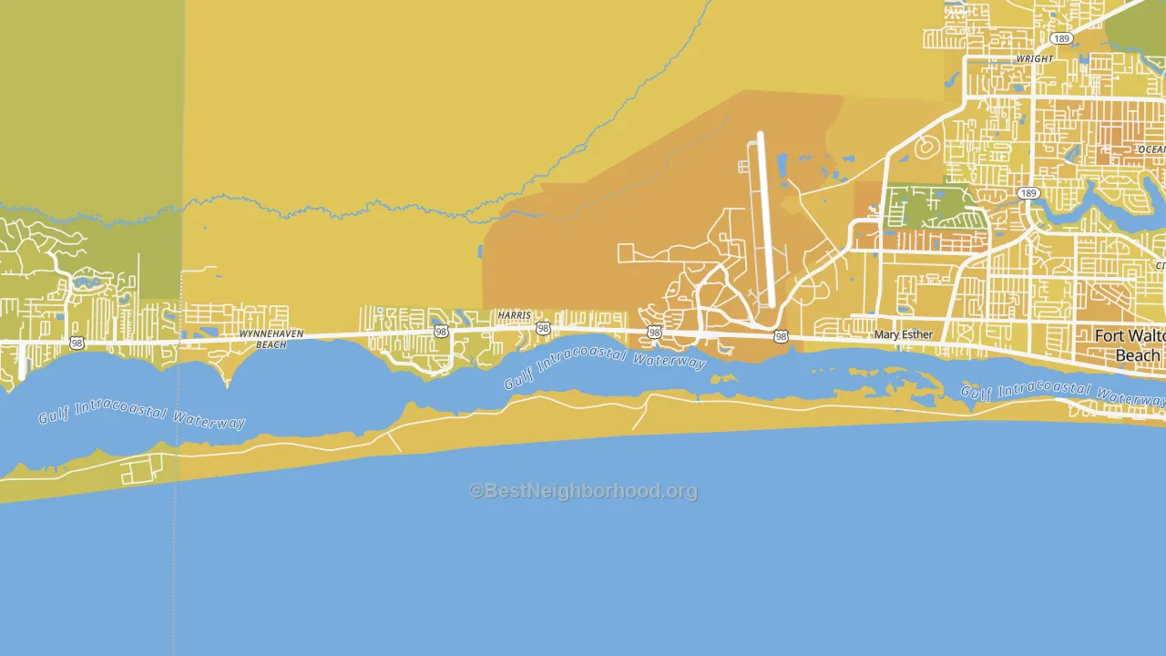 Map of the best neighborhoods in the Mary Esther area, with better matches in green and worse matches in red
