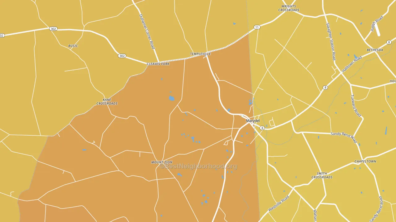 Map of the best neighborhoods in the Marydel area, with better matches in green and worse matches in red