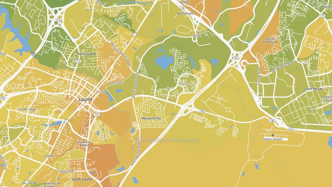 Map of the best neighborhoods in the Maryland City area, with better matches in green and worse matches in red