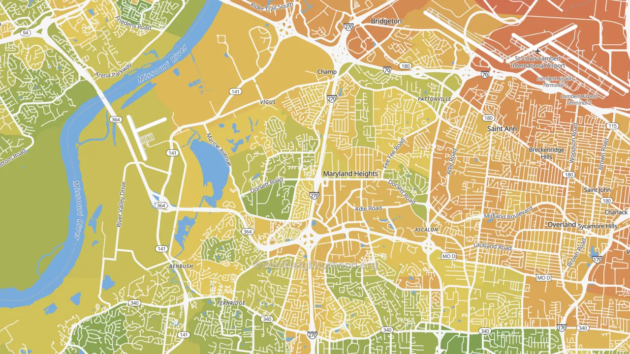 Map of the best neighborhoods in the Maryland Heights area, with better matches in green and worse matches in red