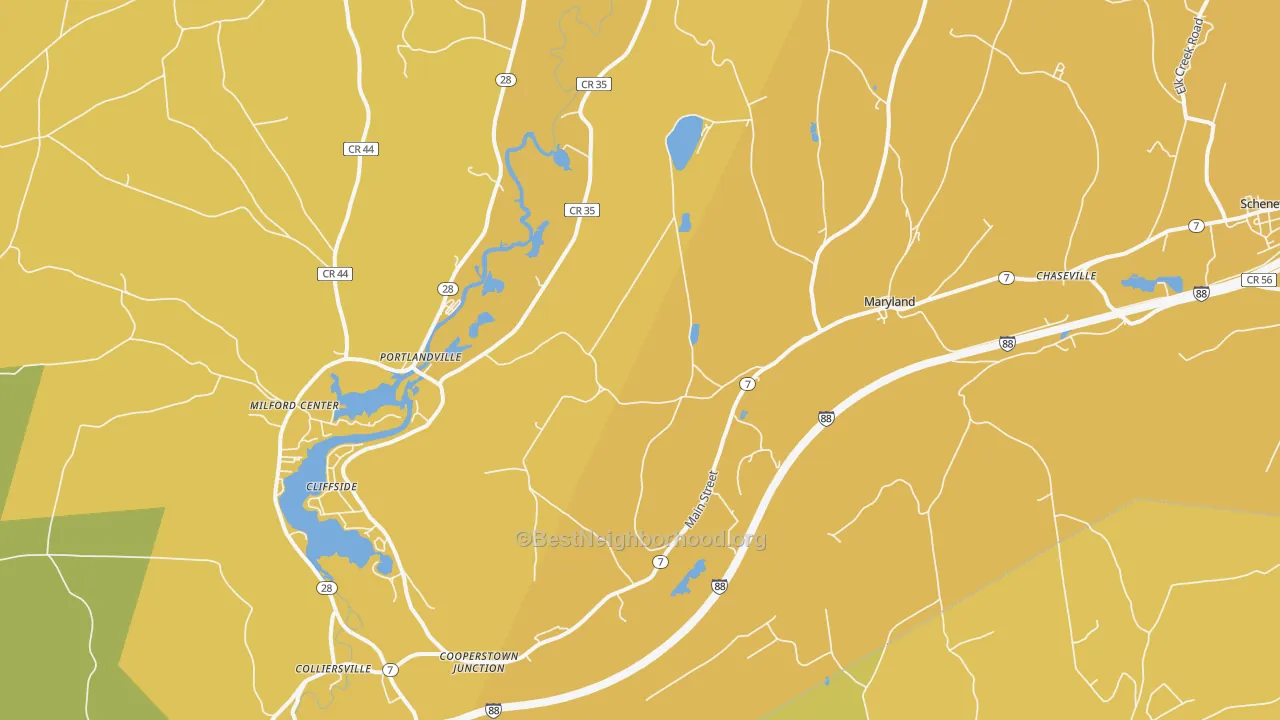 Map of the best neighborhoods in the Maryland area, with better matches in green and worse matches in red
