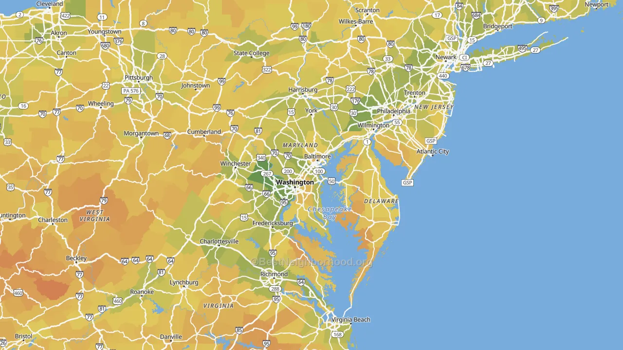 Map of the best neighborhoods in the Maryland area, with better matches in green and worse matches in red