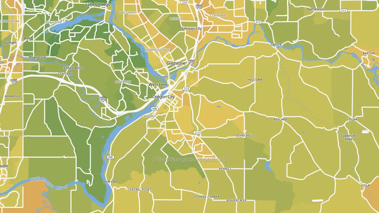 Map of the best neighborhoods in the Marylhurst area, with better matches in green and worse matches in red