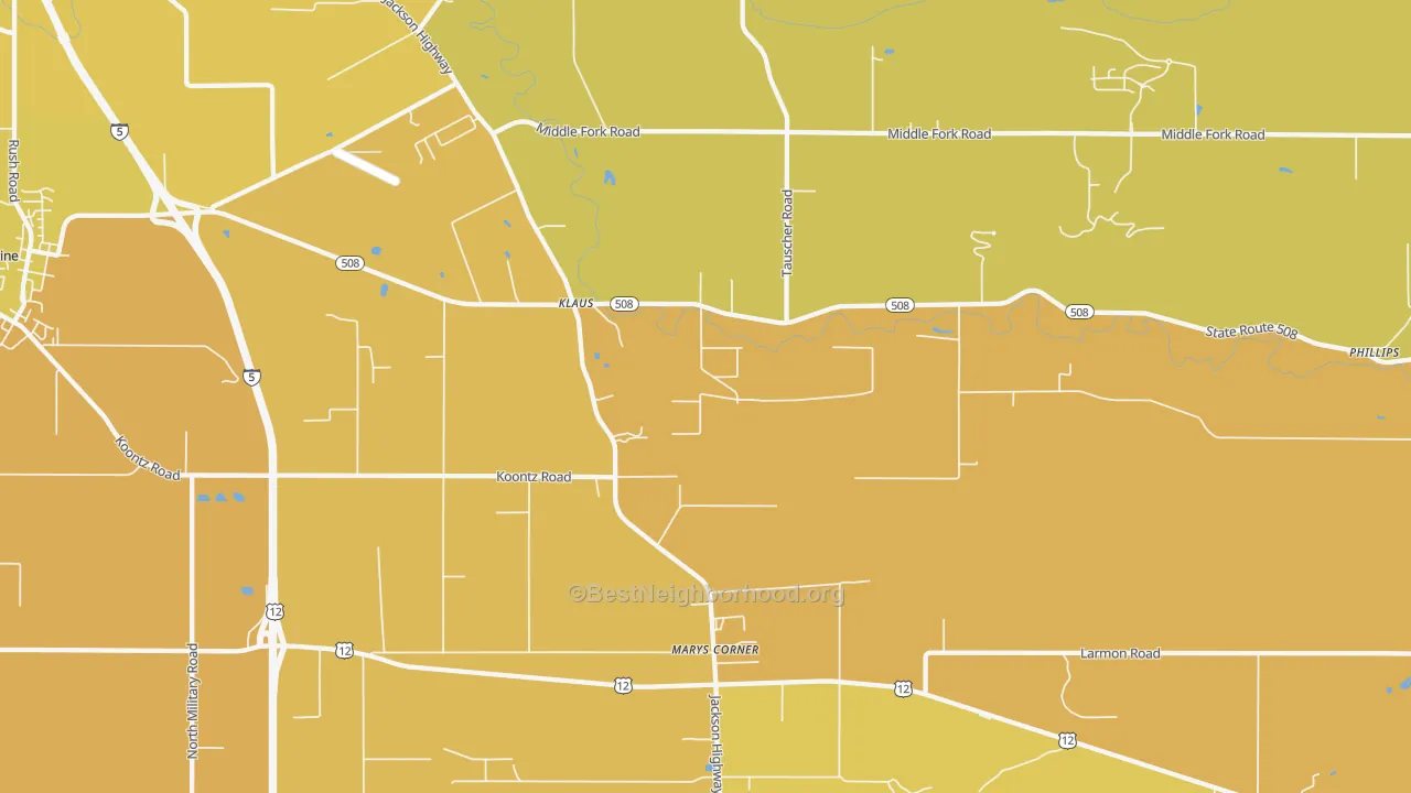 Map of the best neighborhoods in the Marys Corner area, with better matches in green and worse matches in red