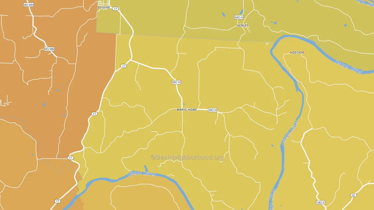 Map of the best neighborhoods in the Marys Home area, with better matches in green and worse matches in red