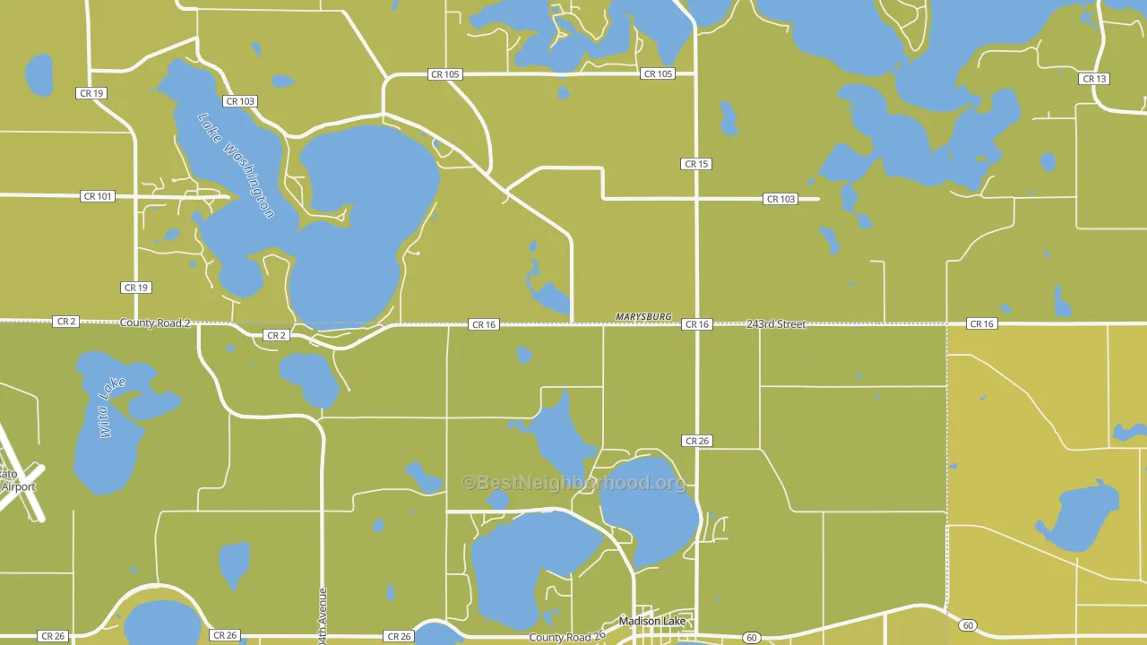 Map of the best neighborhoods in the Marysburg area, with better matches in green and worse matches in red