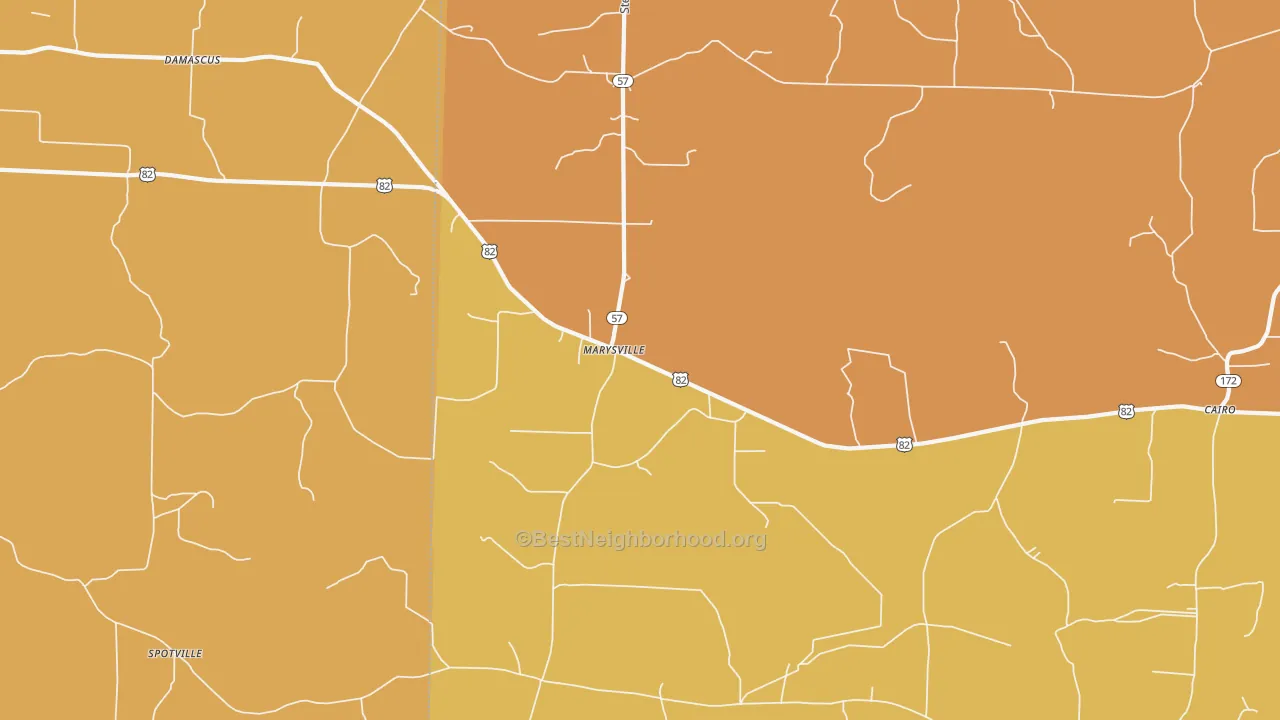 Map of the best neighborhoods in the Marysville area, with better matches in green and worse matches in red