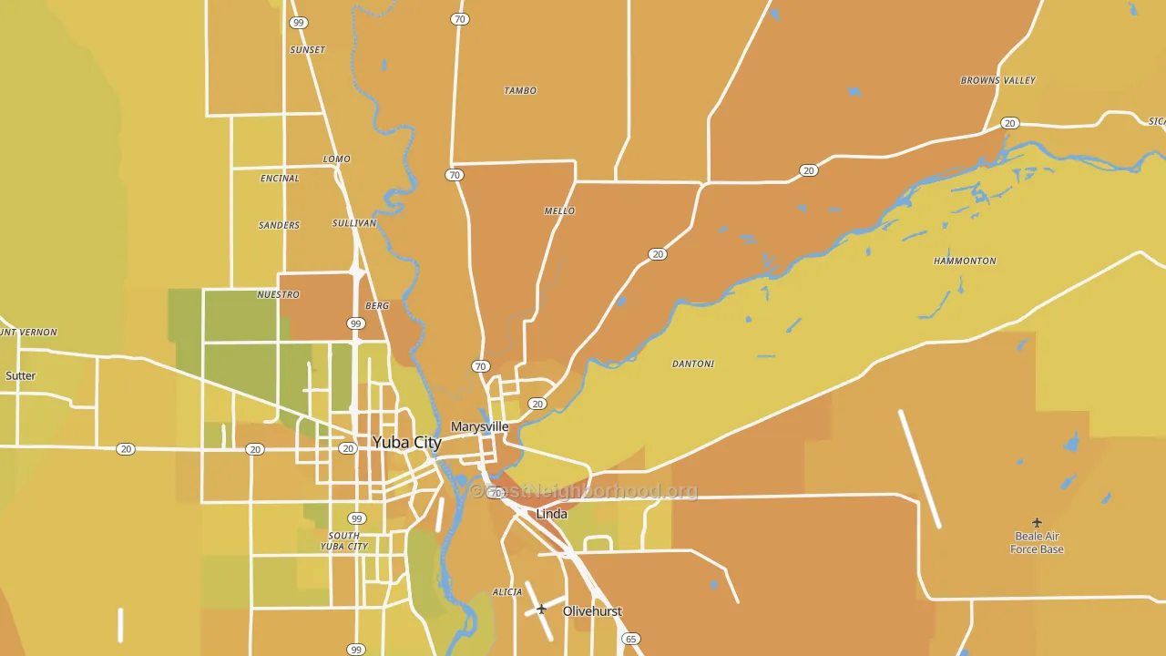 Map of the best neighborhoods in the Marysville area, with better matches in green and worse matches in red