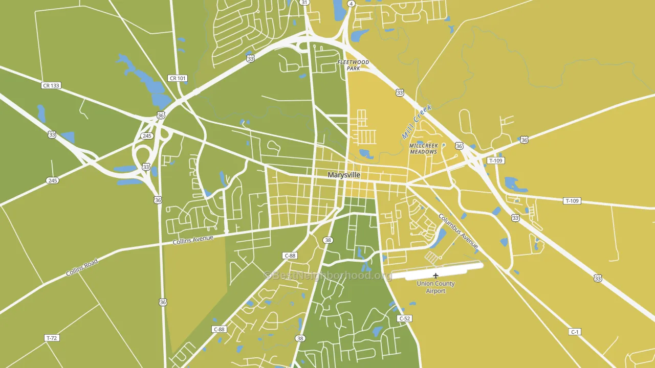 Map of the best neighborhoods in the Marysville Historic District, Marysville area, with better matches in green and worse matches in red