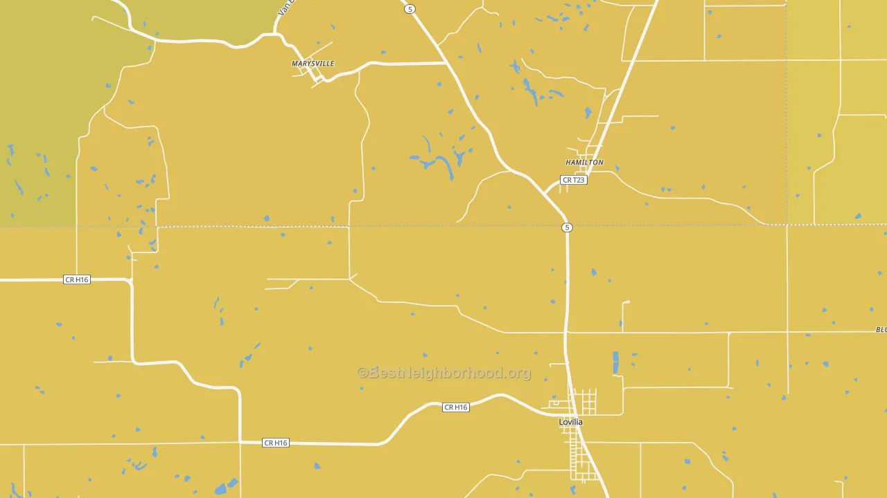 Map of the best neighborhoods in the Marysville area, with better matches in green and worse matches in red