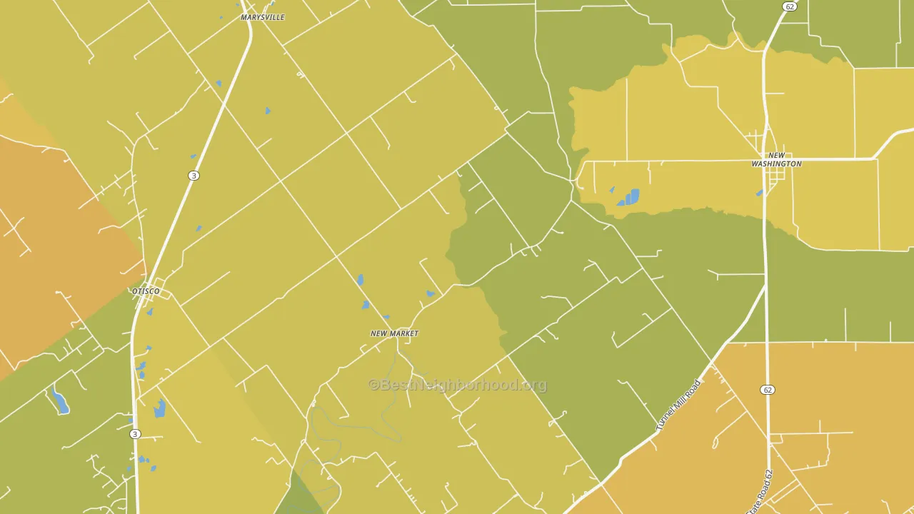 Map of the best neighborhoods in the Marysville area, with better matches in green and worse matches in red