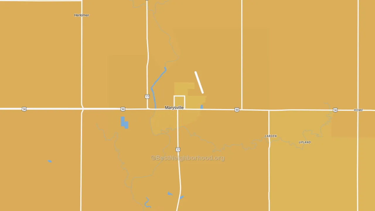 Map of the best neighborhoods in the Marysville area, with better matches in green and worse matches in red