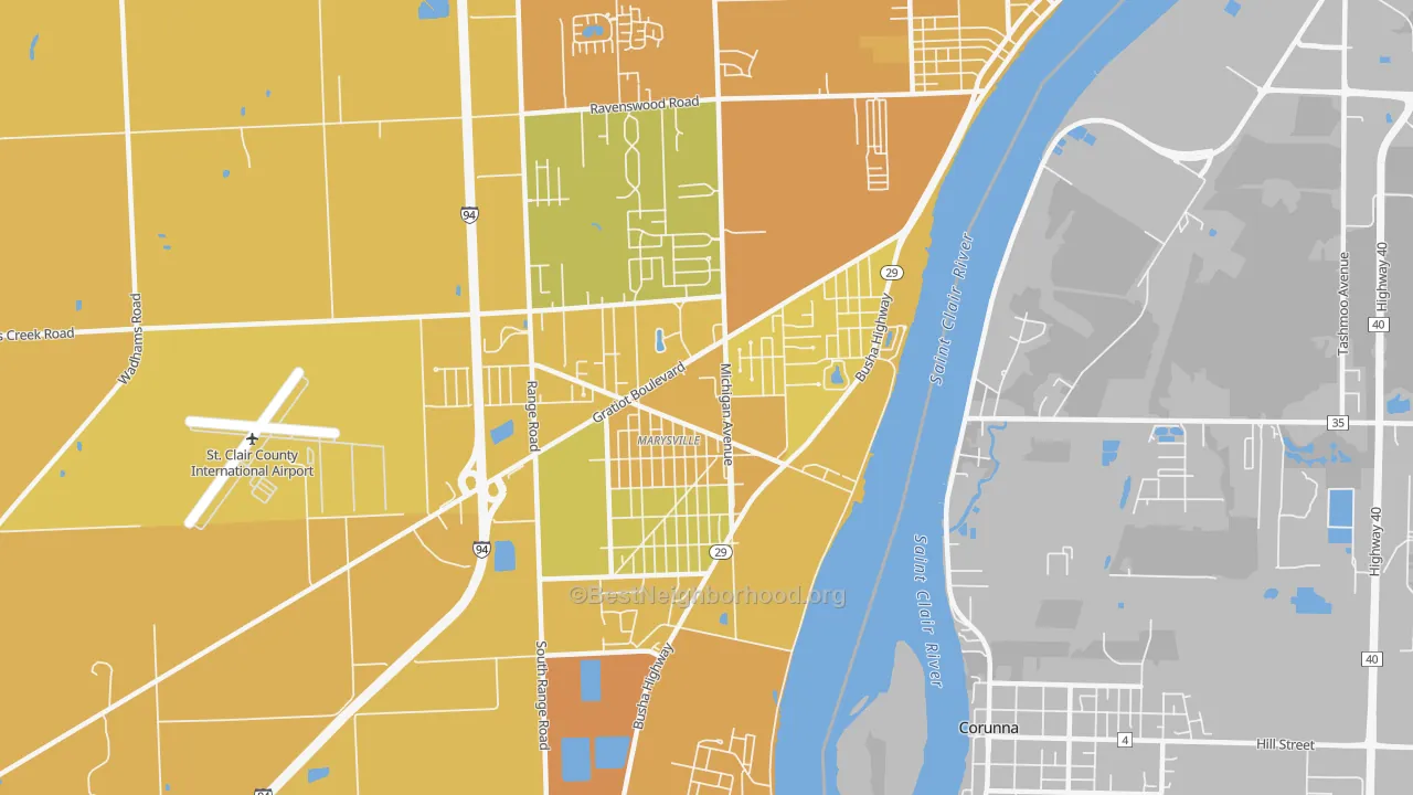 Map of the best neighborhoods in the Marysville area, with better matches in green and worse matches in red
