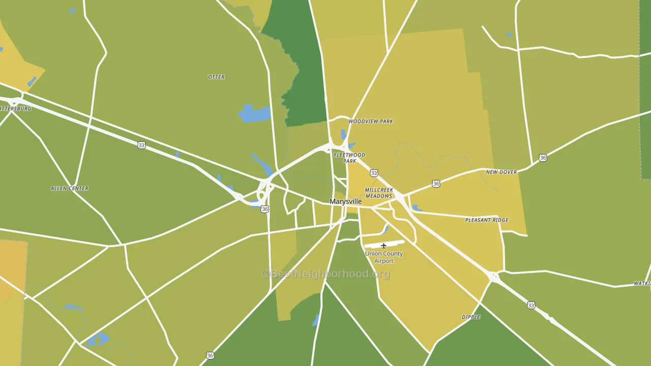 Map of the best neighborhoods in the Marysville area, with better matches in green and worse matches in red