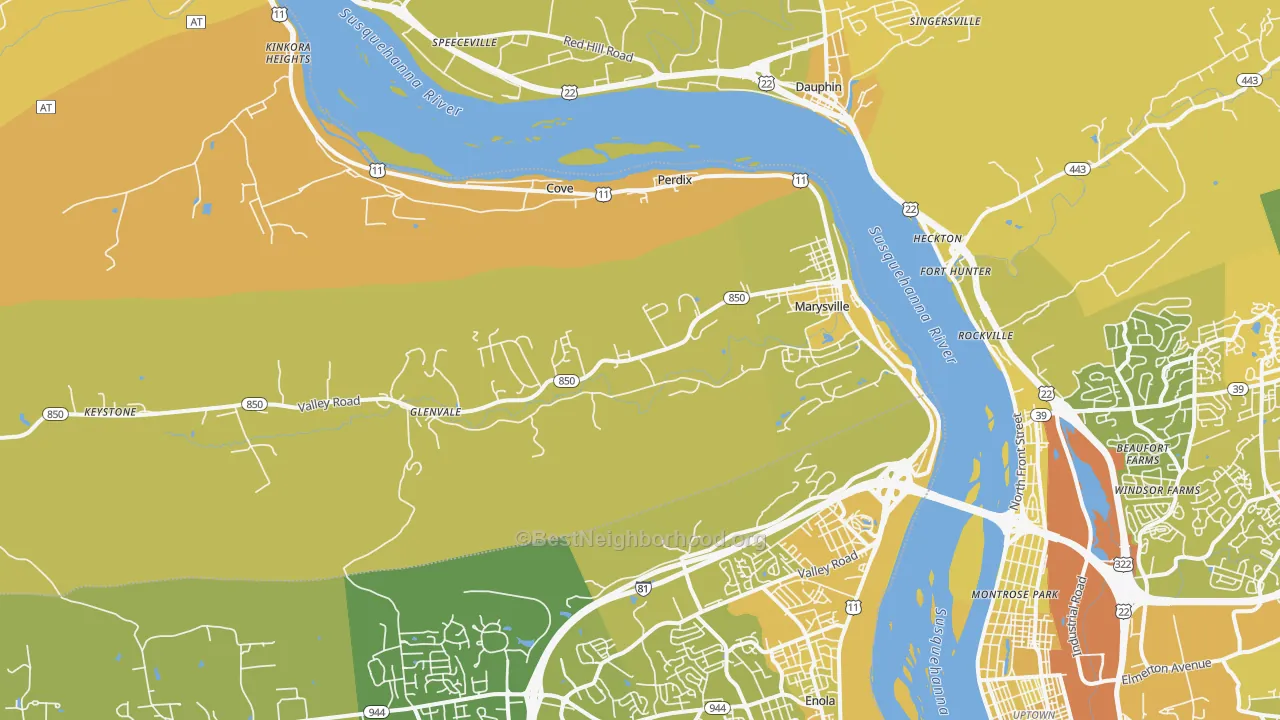 Map of the best neighborhoods in the Marysville area, with better matches in green and worse matches in red