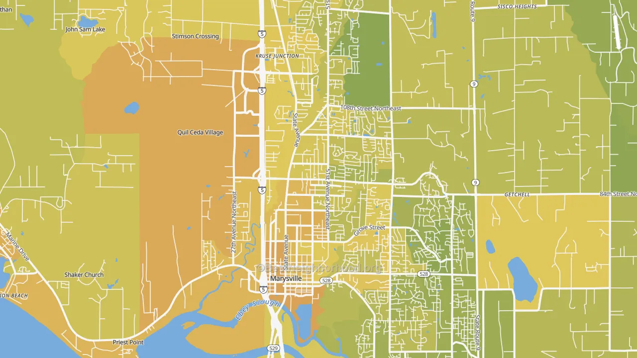 Map of the best neighborhoods in the Marysville area, with better matches in green and worse matches in red